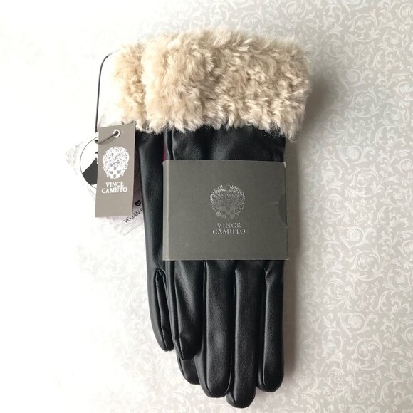 Vince Camuto Accessories - Vince Camuto Women Faux Fur Trimmed Faux Leather Gloves Black Size : L